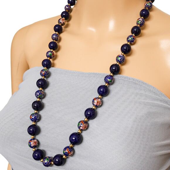Large Cobalt Blue Cloisonne 12.5 MM & Porcelain 14 MM Beaded Necklace 29” - Picture 2 of 6